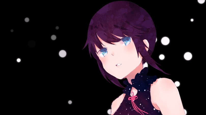 A girl with dark purple hair and matching attire looks off to the distance.