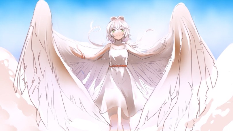A girl with long, white hair and wings, similarly attired, staring up at the blue sky.