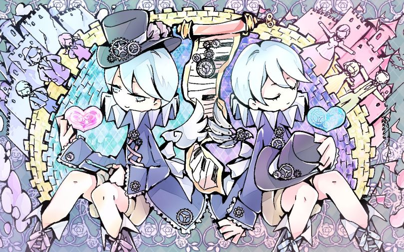 Mirrored image of the same character with white hair and a cloak with gear decorations. On the left side, the character is smiling and wearing a black hat while holding a pink heart. On the right side, the character is expressionless with the hat in their hands and a blue heart with gears inside floats next to them. In the background, you can see buildings and people. On the left side, the color scheme is blue and the people look unhappy with broken buildings. On the right side, the color scheme is pink and the people look happy, with mended buildings.